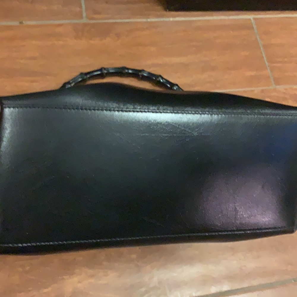 vintage GUCCI black calfskin leather‎ Bamboo handle shoulder hobo tote bag - Picture 8 of 12